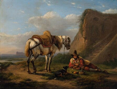 Eugéne Verboeckhoven, ‘Traveler with his Horse and Dog at Rest beside a Wall,’, 1842