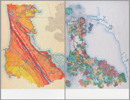 Tiffany Chung, ‘San Francisco, 1895 USGS map: distribution of apparent intensity based on Rossi-Forel scale, the known faults, and the routes examined; San Francisco, 1907 USGS map: the burned district, the city, and the principal conduits in the water’, 2012