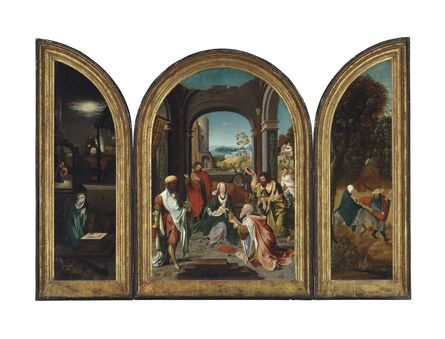 Attributed to the Master of the Von Groote Adoration, ‘A triptych: The central panel: The Adoration of the Magi; The wings: The Nativity at Night, with the Annunciation to the Shepherds; and The Flight into Egypt’