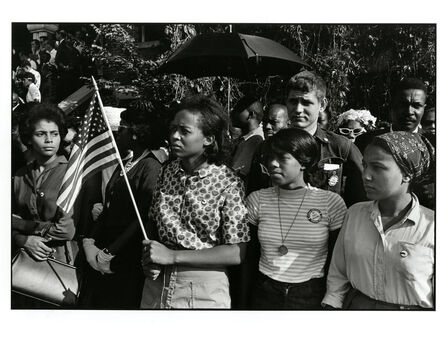 Danny Lyon, ‘SNCC workers stand outside the funeral, Birmingham, Alabama, September 12, 1963: Emma Bell, Dorie Ladner, Dona Richards, Sam Shirah and Doris Derby’
