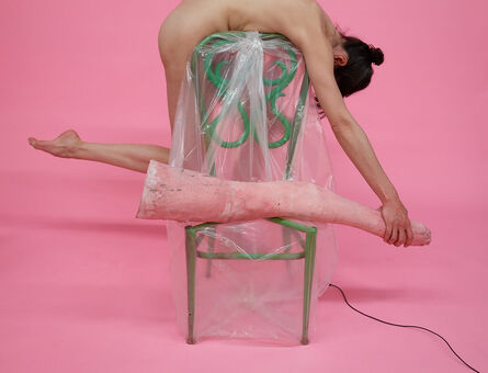 Heather Rasmussen, ‘Untitled (Pointed feet and green chair on pink with cable release)’, 2019