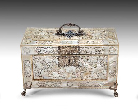 Chinese Export, ‘Fretwork Mother of Pearl Tea Casket with English silver mounts and English Chinoiserie silver tea canisters’, ca. 1760