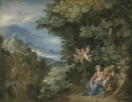 Follower of Jan Breughel I, ‘The Rest on the Flight into Egypt with Saint John the Baptist, the Temple of the Sibyl at Tivoli in the distance’