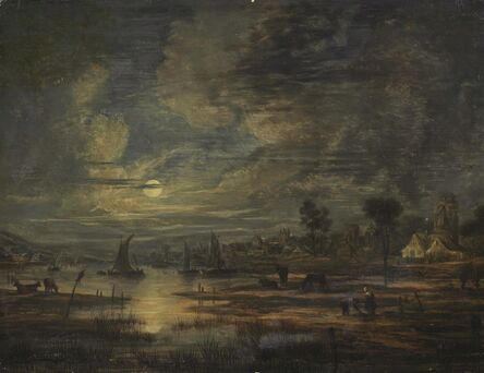 Follower of Aert van der Neer, ‘A moonlit river landscape with boats, cows, figures and a town beyond’