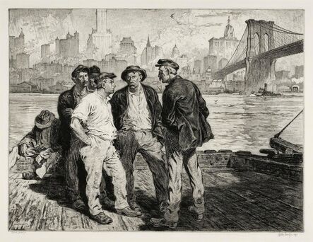 Martin Lewis, ‘Dockworkers under the Brooklyn Bridge.’, ca. 1916