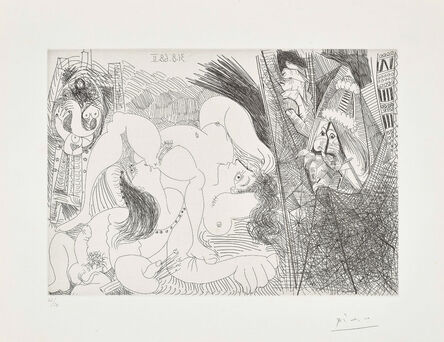 Pablo Picasso, ‘Raphaël et la Fornarina IV: avec le Pape tirant le rideau (Raphael and the Fornarina IV: with the Pope Pulling Back the Curtain), plate 299 from the 347 Series’, 1968