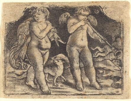 Maso Finiguerra, ‘Cupid carrying a fowl accompanied by a dog, and another cupid playing a trumpet’, ca. 1450