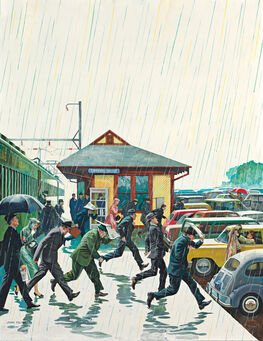 John Philip Falter, ‘Commuters in the Rain, Post Cover’, 1961