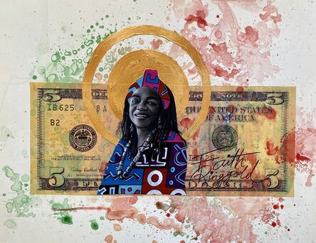 Tijay Mohammed, ‘The Pride of Our Village, Faith Ringgold - Contemporary Watercolor Portrait with Beautiful Gold Rings (Green + Red)’, 2021