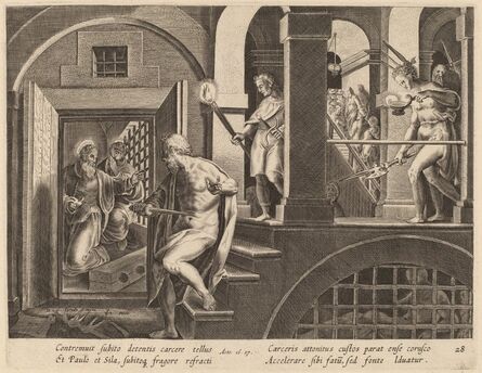 Philip Galle after Jan van der Straet, ‘The Jailer about to Kill Himself, Converted by Saint Paul’