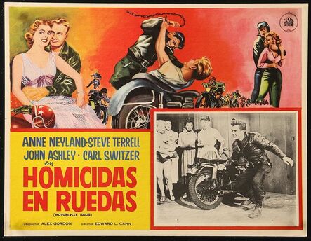 Anon, ‘MOTORCYCLE GANG Mexican LC 1957 c/u of biker punk wielding knife as scared girls watch!’, 1957