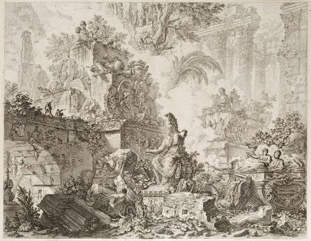 Giovanni Battista Piranesi, ‘"Fantasy of Ruins with the Statue of Minerva". The frontispiece for the "Vedute di Roma"’, ca. 1748