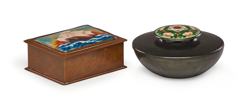Boston School, ‘Cigarette box with ship by unidentified artist and lidded vessel with flowers by Gertrude Twitchell’, Design/Decorative Art, Enameled and patinated copper, cedar, Rago/Wright/LAMA/Toomey & Co.