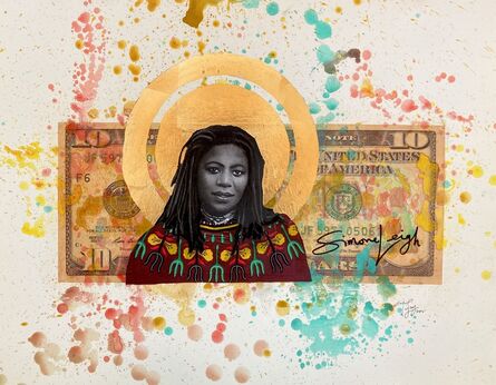 Tijay Mohammed, ‘The Pride of Our Village, Simone Leigh - Contemporary Watercolor Portrait with Beautiful Gold Details (Orange + Blue + Gold)’, 2021