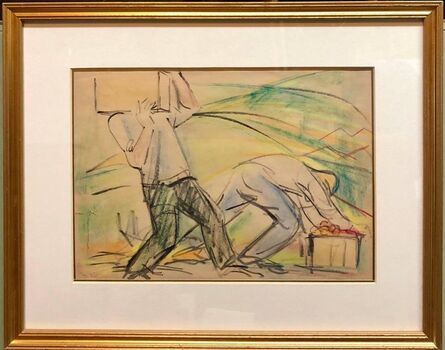 Eliyahu Sigard, ‘Men Working on Kibbutz Palestine, Israeli Judaica Pastel Drawing’, 1940-1949