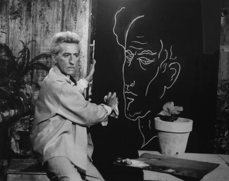 Lucien Clergue, ‘Jean Cocteau faisant son autoportrait Testament d`Orphée, Les Baux de Provence’, 1959