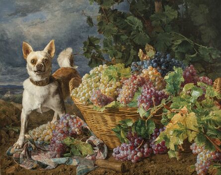 Ferdinand Georg Waldmüller, ‘Dog Guarding a Basket of Grapes with a View of Heiligenstadt and the Danube in the Distance’, 1836