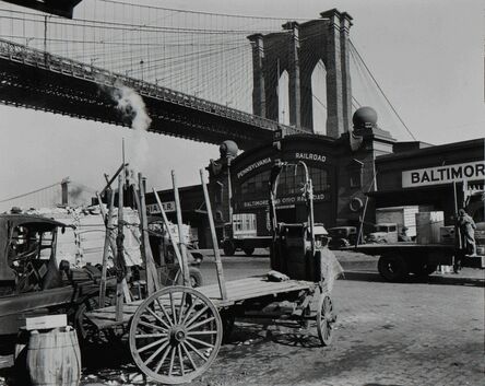 Berenice Abbott, ‘South Street with Brooklyn Bridge, Pier 21, Pennsylvania Railroad, Manhattan’, 1937