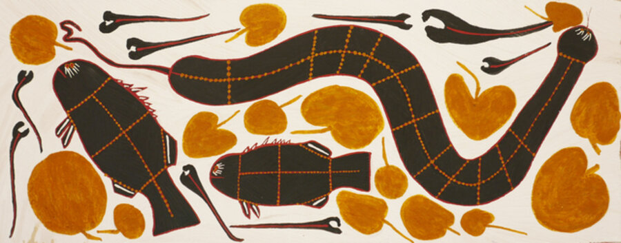 Mandjimdjim (water pandanus, Mandem (waterlily), Durnbuhmanji (black bream), Kedjebe (file snake)