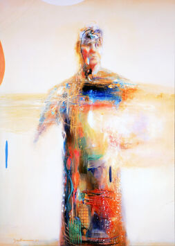 Kevin Zuckerman, ‘"Heart of Man" Orange and Blue Abstract Figurative Print on Metal’, 2001