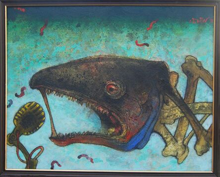 Chhatrapati, ‘Hungry fish in water, acrylic in green, grey & black color by Contemporary Indian Artist Chhatrapati Dutta’, 2007