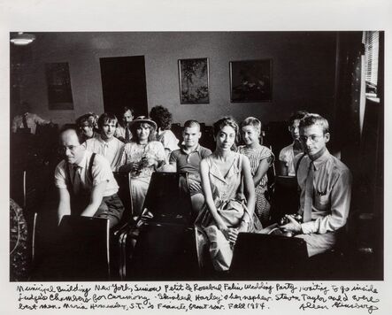 Allen Ginsberg, ‘“Municipal Building New York, Simon Petit & Rosebud Feliu Wedding Party, waiting to go inside judges for chamber, skinhead Harley’s her nephew, Steven Taylor and I were best men, Maria Hernandez S.T.’s Fiancée, Front Row. Fall 1984.”’, 1984