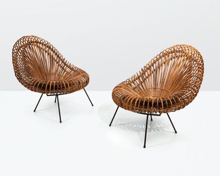 Janine Abraham and Dirk Jan Rol, ‘a pair of rattan armchairs with lacquered metal stands’, ca. 1950