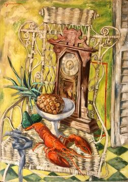 Paul Zimmerman, ‘Modernist Oil Painting Still Life Tableaux with Lobster, Pineapple and Clock’, Mid-20th Century