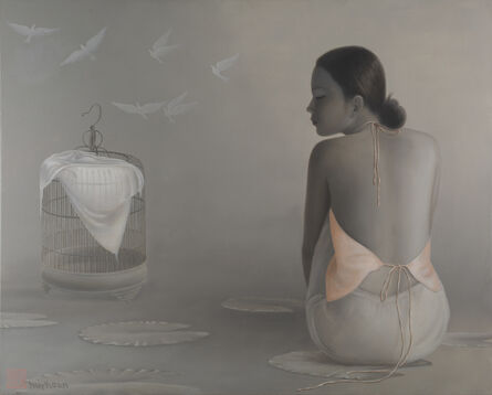 Tran Huy Hoan, ‘'Flying Doves', Monochromatic Grey and Pinks Oil Painting, Female Figures’, 2012
