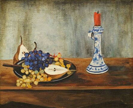 Andres Segovia, ‘Still life with grapes and a pear on a plate and a candlestick on a table’