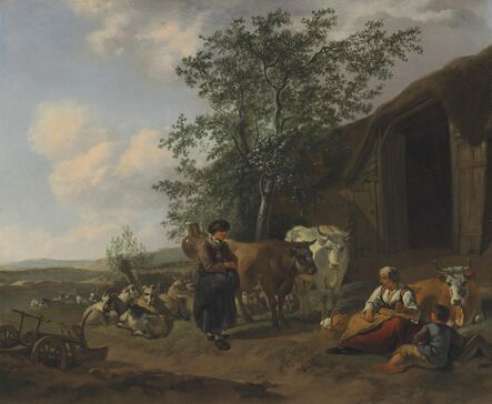 Gerrit Adriaensz. Berckheyde, ‘An Italianate landscape with peasants outside a barn’