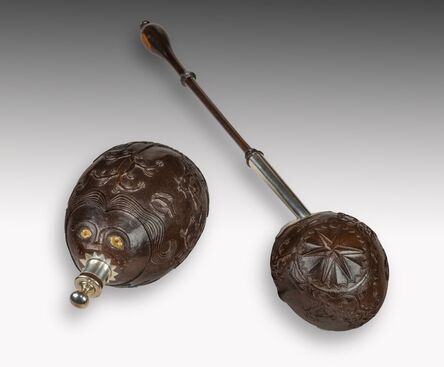 Anglo Indian, ‘18th Century Carved Relief ‘Bugbear’ Coconut Powder Flask and Ladle’, 1756