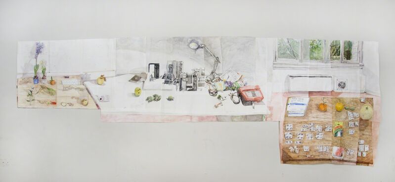 Dawn Clements, ‘Three Tables in Rome’, 2017, Drawing, Collage or other Work on Paper, Watercolor on paper, Pierogi