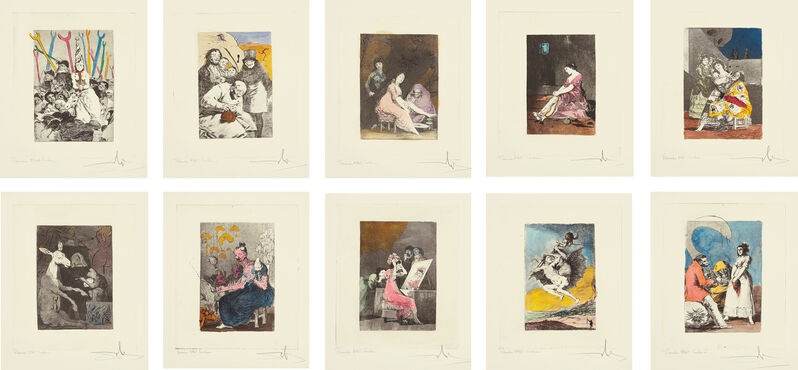 Salvador Dalí, ‘Les Caprices de Goya de Dali (Dali's 'Caprichos' by Goya): 10 plates’, 1977, Print, Ten heliogravures with extensive hand-coloring, made from Goya's print series (circa 1799 edition) reworked and altered with drypoint and unique coloring, before Dali's titles and plate numbers were engraved in the plates, on Rives BFK paper, with full margins., Phillips
