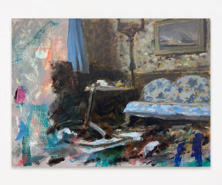 Damian Stamer, ‘Collaboration 18: My photographic memory of the living room of an abandoned rural North Carolina house filled with junk. Objects littered on the floor. Dirty blue renaissance fabric, dramatic chiaroscuro lighting’, 2023