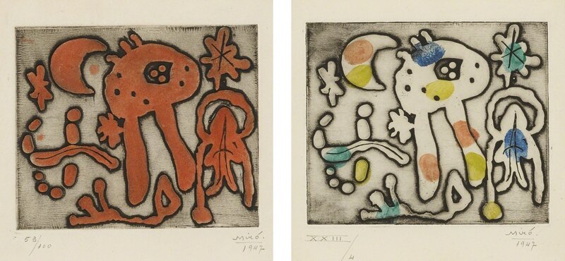 Joan Miró, ‘Femmes et Oiseau devant la Nuit; and Femmes et Oiseau devant la lune (D. 47 and 48)’, 1947, Print, Two etchings, the first printed in colors, the second with handcoloring, Sotheby's