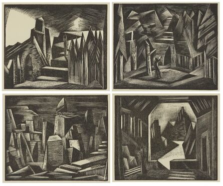 Paul Nash, ‘Die Walkure, the Valkyrie's home; The hall of the Gibichungs from Gotterdammerung; another scene from Das Rheingold; and a scene from Siegfried all for the Wagner Ring cycle’, 1925