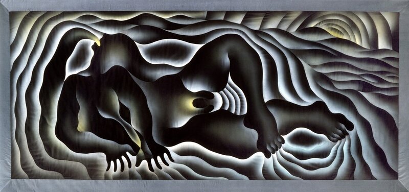 Judy Chicago, ‘Earth Birth, from the Birth Project’, 1983, Painting, Sprayed Versatex and DMC floss on fabric
Quilting by Jacquelyn Moore Alexander, Penn State: Judy Chicago Art Education Collection