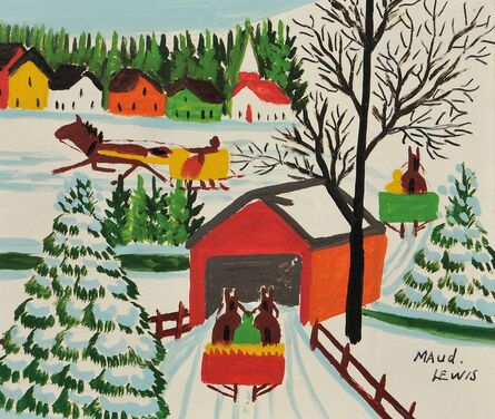 Maud Lewis, ‘Winter Scene with Horse-drawn Sleighs and Covered Bridge’