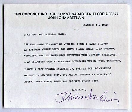 John Chamberlain, ‘Hand Signed Letter re: Leo Castelli Exhibition ’, 1982