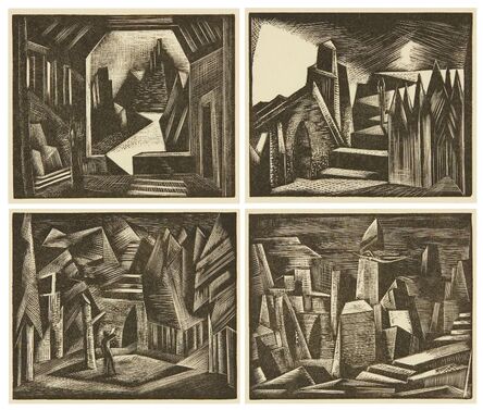 Paul Nash, ‘Die Walkure, the Valkyrie's home; The Hall of the Gibichungs from Gotterdammerung; Another scene from Das Rheingold; and a scene from Siegfried, all from 1925 from the Wagner Ring cycle’