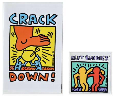 Keith Haring, ‘2 PIECE SET- "Crack Down Fund", 1986, Pamphlet & "Best Buddies", 1986, Sticker’, 1986