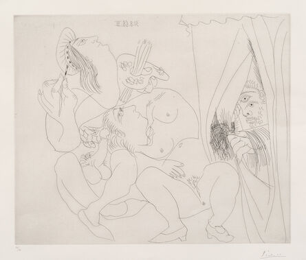 Pablo Picasso, ‘Raphaël et la Fornarina V: avec voyeur écartant le rideau (Raphael and Fornarina, With Voyeur Pulling Back the Curtain), pl. 300, from 347 Series (Bl. 1780, Ba. 1797)’, 1968