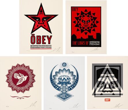 Shepard Fairey, ‘Peace Dove, Obey Star, Pyramid Top Icon, Lotus Ornament, and Obey the Laws of Physics (Five Works)’, 2013-2017