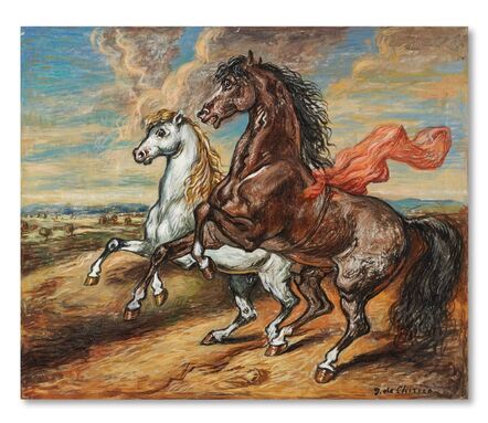 Giorgio de Chirico, ‘cavalli scalpitanti in un paese’, ca. 1975