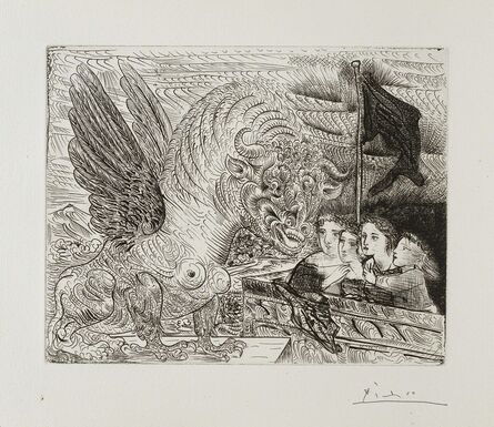 Pablo Picasso, ‘'Harpye à tête de Taureau, et quatre petites Filles sur une Tour surmontée d'un Drapeau noir' from the 'Suite Vollard'’, 1931