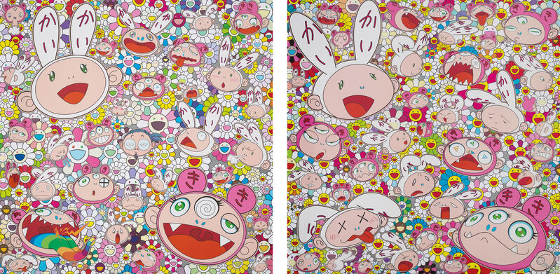 Takashi Murakami, ‘Fortune Favors the Merry Home! Kaikai and Kiki; and There's bound to be difficult times There's bound to be sad times But we won't lose heart; we'd rather not cry, so laugh, we will!’, 2017, Print, Two offset lithographs in colours with sticker additions, on smooth wove paper, the full sheets., Phillips