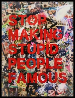 "Stop Making Stupid People Famous" - stenciled acrylic spray paint (framed)