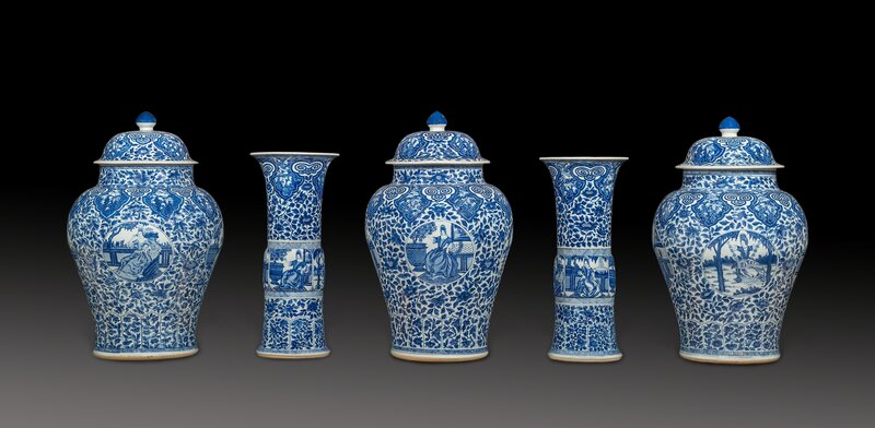 Unknown Artist, ‘Blue and white Chinese porcelain five piece garniture decorated with European subject in underglaze blue’, 1662-1722, Design/Decorative Art, Porcelain, Luis Alegria