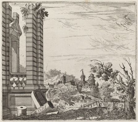 Giuseppe Antonio Landi, ‘Fantastic River Landscape with Ruins and a Castle’, before 1753